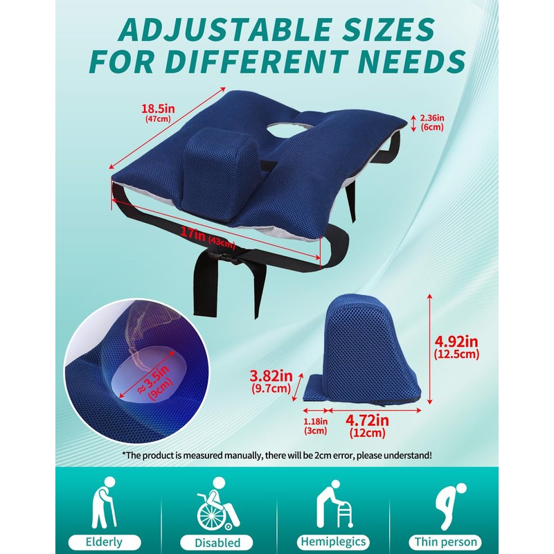 Anti-slip Wheelchair Cushion with Pommel Wedge and Seat Belt for