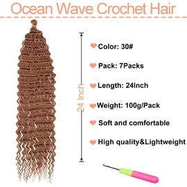 Mscat 24 Inch Ocean Wave 7Pack Crochet hair Extexsions Long Braids Brown Deep wave Synthetic hair Curly Braiding hair for Black Women 30#