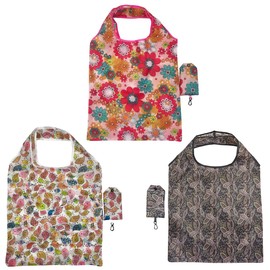 FAVORTALK Folding Shopping Bag for Women - 3 Pcs Flowers Pattern Reusable Large Folding Shopper Bag Fits in Pocket Water Resistant Lightweight Shop Bags D8513