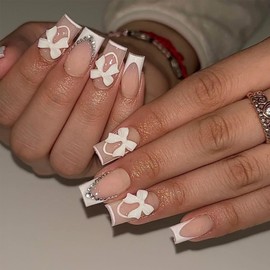 French Tip False Nails - 24pcs Press on Nail Short - Square Pink Stick on Nails with 3d Bow - 12 Sizes Glue on Nails French Nail Tips - Full Cover Glossy Acrylic Fingernail for Women Girls Nail Art