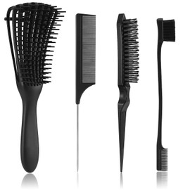 Detangling Brush with Hair Styling Comb Set, Hair Brushes for Women Men Kids Curly Hair, Hair Brush Set include Detangler Brush Teasing Hair Brush Rat Tail Comb Edge Brush (Black)