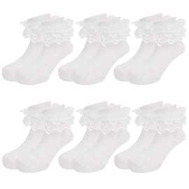QKURT 6 Pairs Girls Frilly Ankle Socks - White Lace Ballet Sock for Kids, Perfect for Girls & Children School and Partywear, Ages 6 Months-10 Years