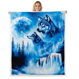 Feelyou Wolf Fleece Throw Blanket Baby 30"x40" Animal Mountain Moon Blanket for Bed Sofa Couch Vivid Blue