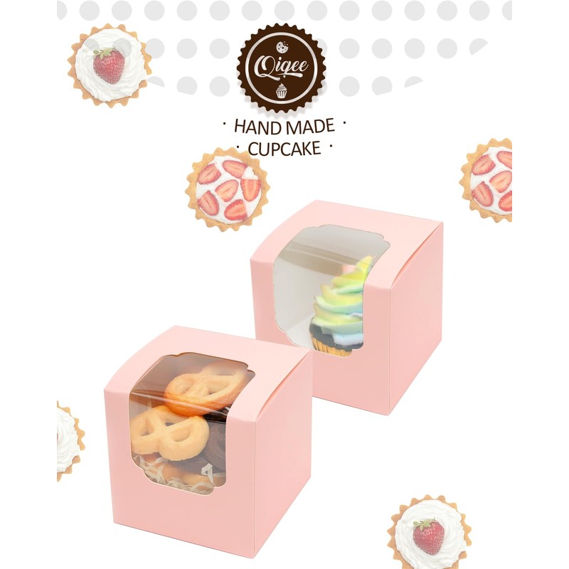 Gcardist Pink Cupcake Boxes Individual Cupcake Container 15Pcs 8.9x8.9x8.9cm Auto-Pop