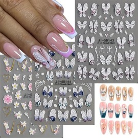 3Pcs Flower Nail Art Stickers Decals 5D Pink Flowers Nail Stickers Spring Relief Blue Butterfly Design Nails Art Decals for Decorations Flower Stickers for Nails Manicure Sliders for Women