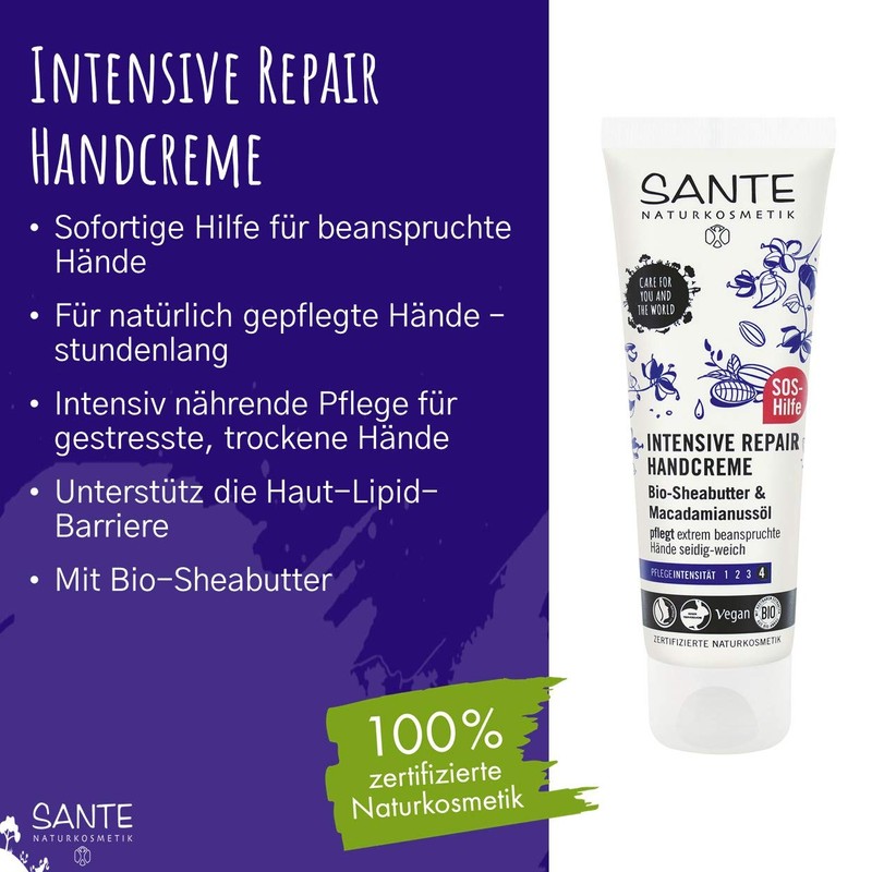 SANTE Naturkosmetik Intensive Repair Hand Cream, Nourishes Extremely Stressed Hands,