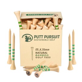 Putt Pursuit 7cm/ 70 mm Golf Tees (25 Pack) - Premium Natural Bamboo Material - Sturdy & Biodegradable - Professional Tees - Curved Top for reduced friction - Natural Colour Tees with 4 Green Stripes