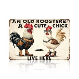 PEACHGARDEN Funny Chicken Metal Sign An Old Rooster A Cute Chick Live Here Vintage Tin Sign for Home Farm Chicken Coop Farmhouse Kicthen Garden Decor 8X12inch