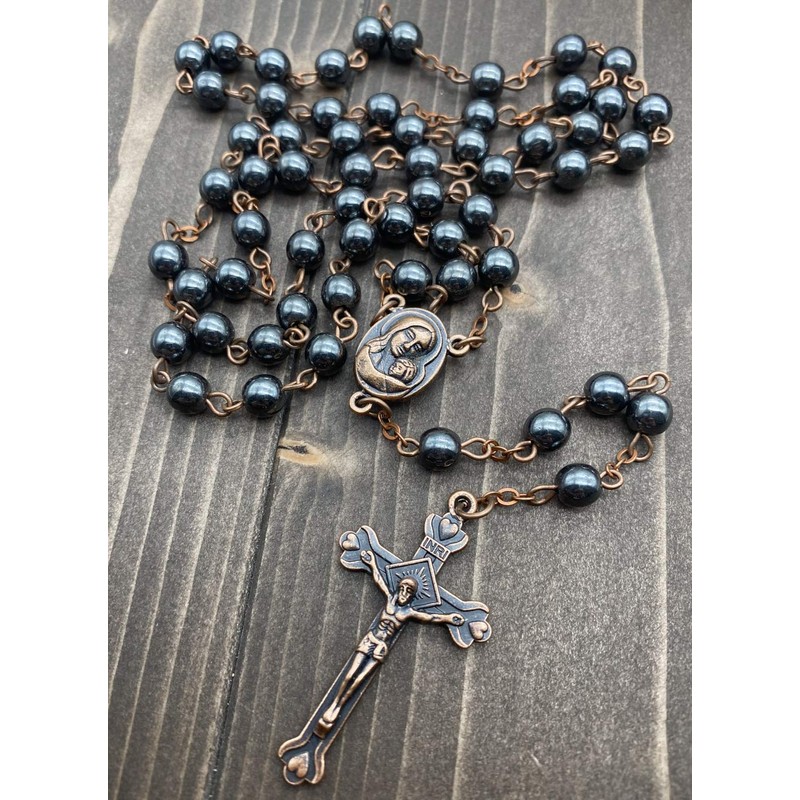 Nazareth Store Hematite Rosary Black Stone Beads Necklace with Jerusalem
