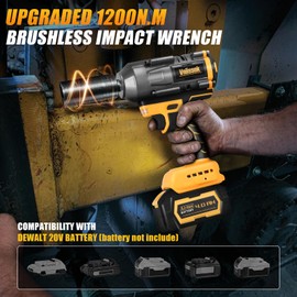 Cordless Impact Wrench 1/2 inch for Dewalt 20V Battery, 900FT-LBS(1200N.m) Impact Driver High Torque Brushless Electric Impact Gun Includes LED Work Light Variable Speeds for Car/Truck RV/Mower