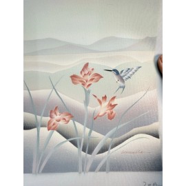 Still Floral Hummingbird Pastel Painting On Canvas 11.5x13.75 8x10 Retro 80s
