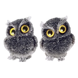 TUMBEELLUWA Set of 2 Mini Black Obsidian Crystal Organite Owl Figurine Ornaments, Decorative Resin Owl Statues for Home Office Table, Plant Pot, Micro Landscape, 2.4 Inches