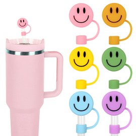 Whaline 6Pcs Groovy Smile Face Straw Covers 0.4 Inch Silicone Reusable Round Straw Topper Double Sided Pattern Straw Tip Covers for 30 & 40 OZ Tumbler with Handle