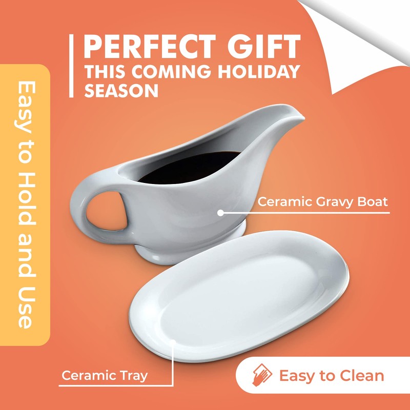 Bruntmor 11 Oz White Ceramic Gravy Boat With Tray, 11