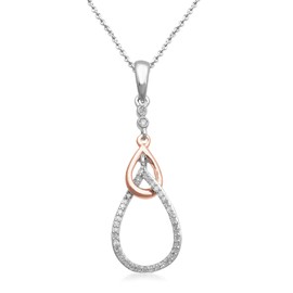 Jewelili Sterling Silver and 10K Rose Gold 1/5 Cttw Natural White Round Diamond Drop Style Pendant Necklace, 18" Rolo Chain