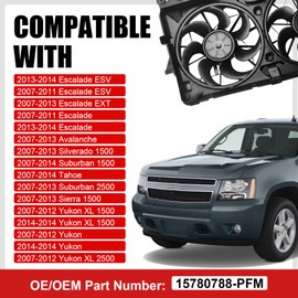 Engine Radiator Cooling Fan Assembly Compatible with 2007-2013 Sierra/Silverado 1500 Suburban 2500 Avalanche Escalade EXT, Truck Engine Cooling Radiator Dual Fan Replacement 15780788-PFM GM3115211