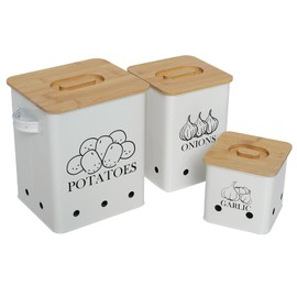 Gdfjiy Kitchen Canisters Set, Storage Bin for Potato Onion & Garlic, 3 Pack Set Countertop Pots Containers with Wooden Lid - Potato Storage, Garlic Bin, Onion Keeper Tin with Aerating Holes-White