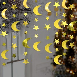 4M Ramadan Eid Mubarak Decoration, Eid Decoration Gold Glitter Hanging Swirls Decorations, Moon And Stars Garlands for Muslim Islamic Festival Birthday Wedding Party Ceiling Hanging Gold Decorations