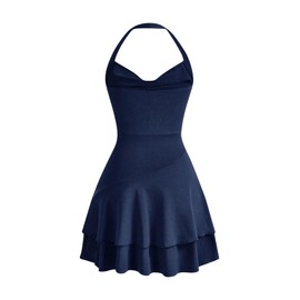 SweatyRocks Women's Mini Dress, A Line Dress, Halterneck Dresses with Ruffles, Sleeveless Multi-layer Dress, Casual Dress, darkblue