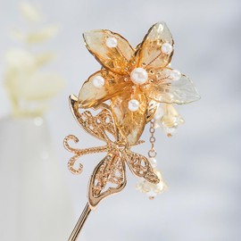 1 pcs Rabithenn Golden Autumn Leaves Hairpin Chinese Hanfu Style Hair Fork Retro Flower with Resin Handmade Hair Clip Hair Accessories for Women Girls Long Hair (Golden Autumn Leaves)
