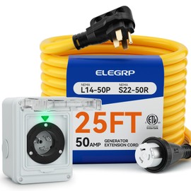 ELEGRP 50 Amp Generator RV Cord 25 FT and Power Inlet Box, Pre-Drilled Generator Inlet Box, NEMA 14-50P to NEMA SS2-50R 6/3+8/1 Gauge STW Generator Cord Waterproof Combo Kit, ETL Listed
