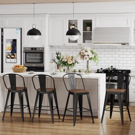 Andeworld Metal Bar Stools Set of 4, 24 inch Counter Height Barstools with Backs Farmhouse Modern High Back Bar Stools with Larger Seat Kitchen Dining Bar Chairs,Matte Black