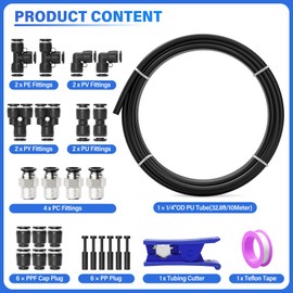 TAILONZ PNEUMATIC Black 1/4 Inch OD 10 Meter 32.8ft PU Polyurethane Air Tubing Kit Pipe Hose Air Line Tubing Air Hose Fittings Push to Connect Fittings(27PCS)
