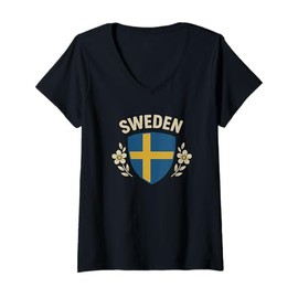 Womens Sweden Shield Flowers Flag V-Neck T-Shirt