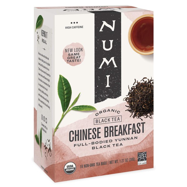 Numi Organic Tea Chinese Breakfast, 18 Count Box of Tea Bags (Pack of 3) Yunnan Black Tea
