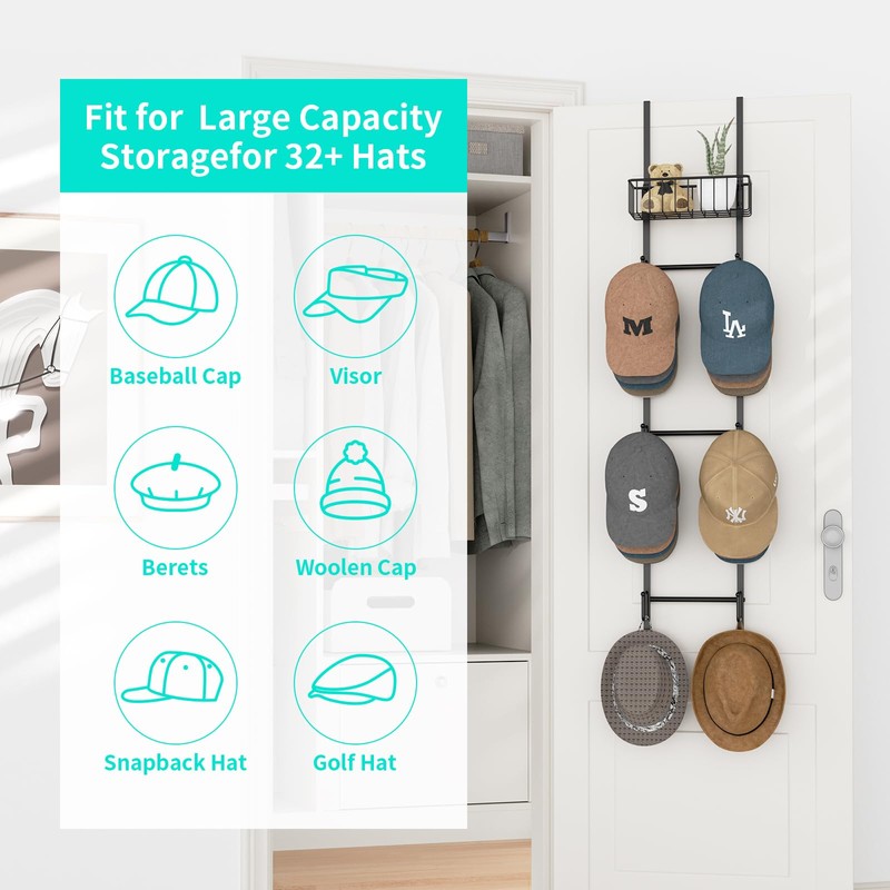 HapiRm Over Door Hat Rack - Wall Mounted Hat Organizer
