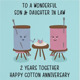 Hunts England - Son And Daughter In Law 2nd Anniversary Card - Fun Cute Anniversary Card - 2 Years Together - Happy Cotton Anniversary - Iconic Collection