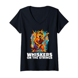 Womens Cat Music Guitar Riff Rock Whiskers On The String Funny V-Neck T-Shirt