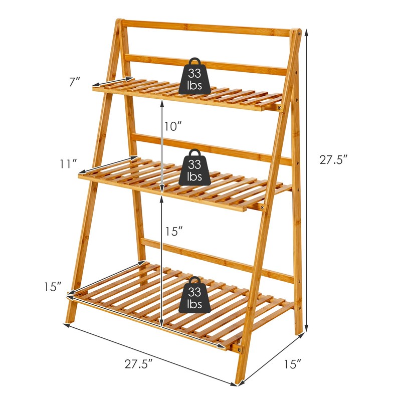 COSTWAY Bamboo Plant Stand, Foldable Multifunctional Flower Display Ladder Shelf,