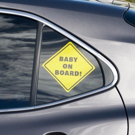 Baby On Board Sticker Sign - Essential for Cars - 2 Pack, 5.5" by 5.5" - Bright Yellow and See-Through On Window - Best Safety Signs - No Need for Suction Cup or Magnet - Durable and Strong Adhesive