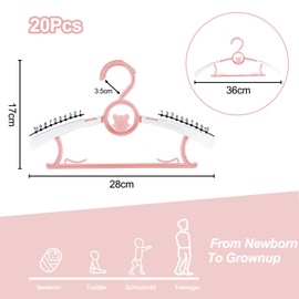 Fousenuk Pack of 20 Children's Clothes Hangers, Extendable Plastic with Stackable Bear Hooks, Non-Slip Baby Clothes Hangers for Children's Clothing and Baby Wardrobe (Pink)