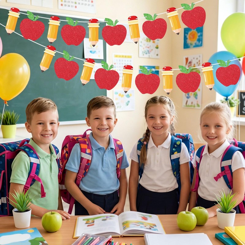 2 Pieces Back to School Pencil and Apple Banner Decorations