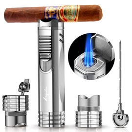 LAFULI Triple Jet Flame Cigar Lighter, Cigar Punch, Cigar Draw Enhancer, Cigar Holder,All-in-one Refillable Butane Torch Lighter. Cigar Accessories(Gas Not Included)
