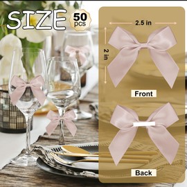 Nude Pink Satin Ribbon Bows 2" Self Adhesive Satin Bows for Gift Wrapping Premade Ribbon Bows with Double-Sided Tape for Making Crafts DIY Satin Ribbon Bows for Brithday Christmas Decorations, 50 Pcs