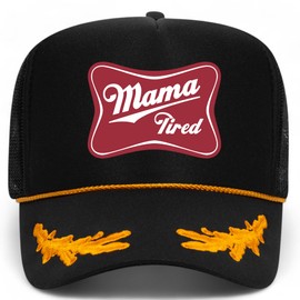 Mama Tired Trucker Hat | Funny Vintage Cowgirl Western Trendy Cowboy | Premium Snapback Hat for Men & Women (US, Alpha, One Size, Black/Oak Leaves)