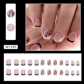 Black French Tip Press on Nails Short Square Fake Nails Flower Design Glue on Nails Glossy Full Cover Stick on Nails Reusable Acrylic Artificial Nails for Women DIY Manicure Decoration