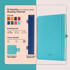 IN-LUXPRO Planner 2026 Daily Weekly and Monthly,11.5"x8.5",12 Months Spiral Bound Calendar Agenda with Self-adhesive Pen Holder,2026 Appointment Book with Vegan Leather Soft Cover,Light Blue