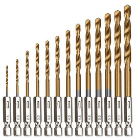 Bestgle 13Pcs 1/4" Hex Shank HSS Titanium Coated Twist Drill Bit Set for Drill Wood Metal Plastic 1.5mm-6.5mm