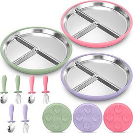 Nuogo 9 Pcs 304 Stainless Steel Baby Suction Plates 9'' Large Stainless Steel Toddler Plates with Forks Spoons Kids Divided Dishes with Anti Slip Silicone Sleeve for Baby Led Weaning Feeding Utensils