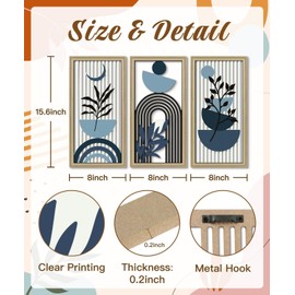 Putuo Decor Boho Abstract Wall Art, Set of 3, Modern Geometric Botanical Wooden Wall Decor, Mid-Century Minimalist Framed Artwork, Blue Aesthetic Prints, for Living Room, Bedroom, Office