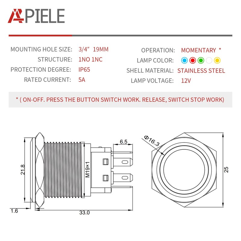 APIELE 19mm Momentary Push Button Switch On Off Stainless Steel