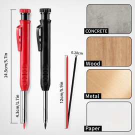 Pencil Refills for Tracer 2Pcs Carpenter Pencil 24Pcs 2.8mm Solid Deep Hole Pica Pencil Refill for Architect Construction Building Joiner Pencil Replacement Woodworking Marking Tool(Black and Red)