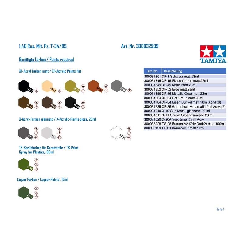 TAMIYA 32599-000 TAM32599 1:48 Rus. with Pz. T-34/85, Model Building,