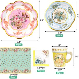 Tea Party Supplies Floral Party Dinnerware Tea Party Decorations 24 Paper Tea Cups and Saucers Plates Napkins Tablecloth Bithday Kids Adults