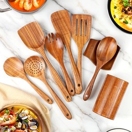 Mooues Natural Teak Wooden Kitchen Utensils Set with Spoon Rest – Comfort-Grip Cooking Spoons and Utensil Holder, Wooden Utensil Set for Home Use - quantity: 10-piece set