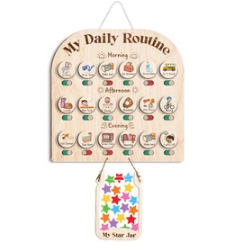 Wooden Daily Routine Chart with Reward Jar, Reward Visual Schedule Chart, Morning Bedtime Routine Chart for Toddlers